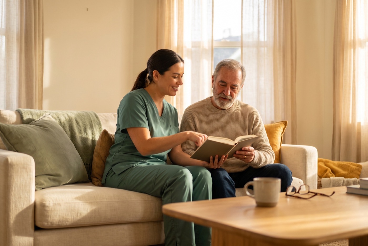 A caregiver reading together with an older man on his couch at home