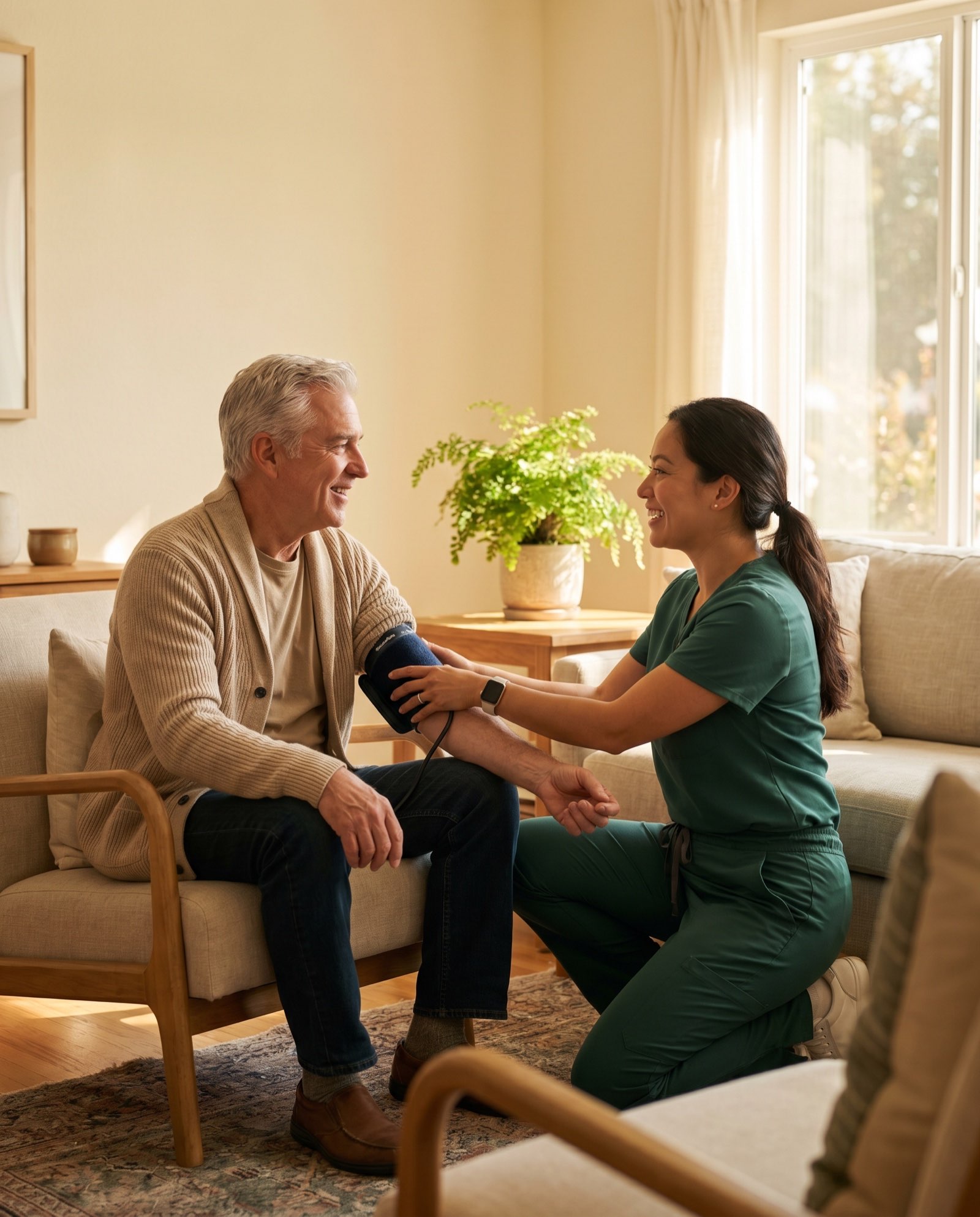 A home health nurse checking an older man's blood pressure in his living room